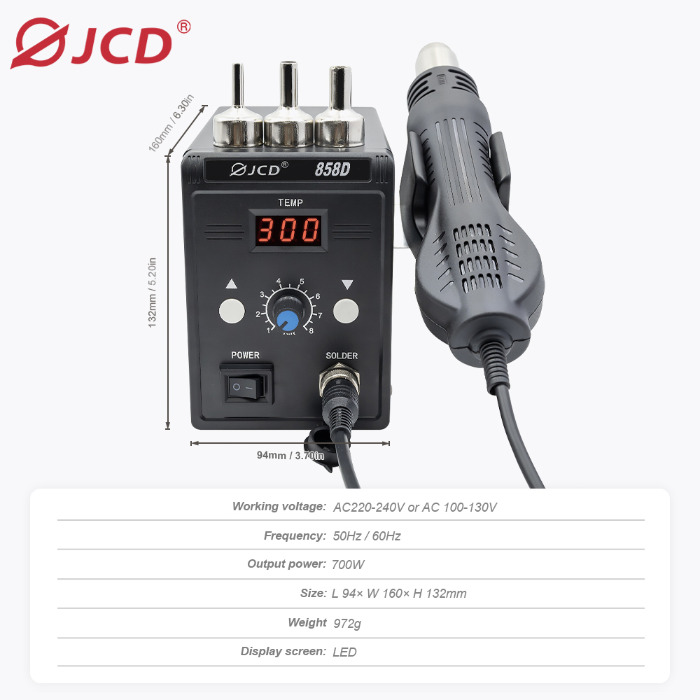 JCD Heteluchtpistool 858D 700W - Diy Electronics Tools recensie en prijs